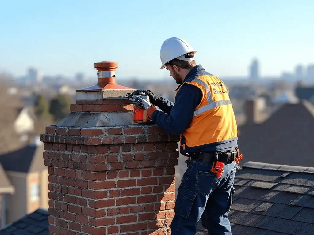 Professional chimney technician doing Chimney Cleaning on a residential rooftop in Queens, NY