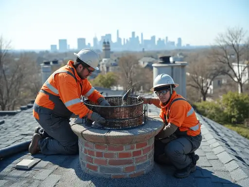 Professional chimney technician doing Chimney Liner repair on a residential rooftop in Queens, NY