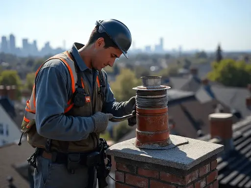 Professional chimney technician doing Chimney Damper repair on a residential rooftop in Queens, NY